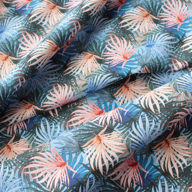 Printed Italian Cotton Shirting - Blue and Coral Palm Fronds