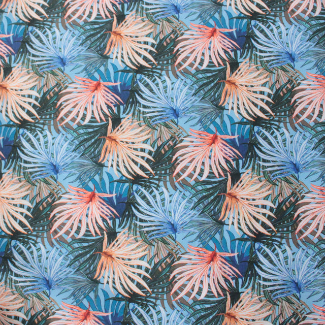 Printed Italian Cotton Shirting - Blue and Coral Palm Fronds