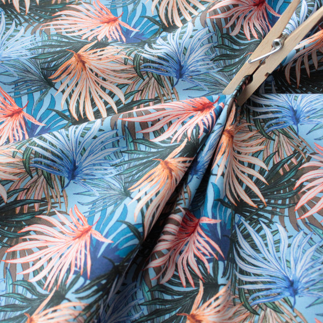 Printed Italian Cotton Shirting - Blue and Coral Palm Fronds