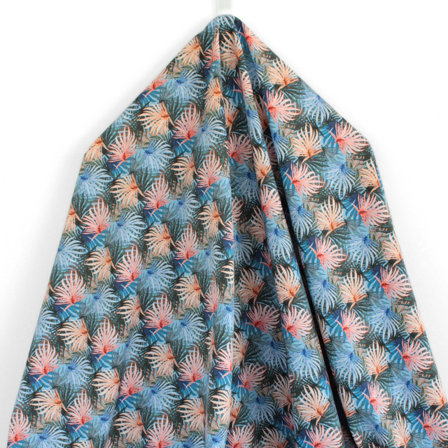 Printed Italian Cotton Shirting - Blue and Coral Palm Fronds