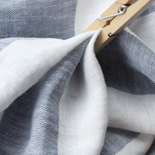 Yarn Dyed Linen + Cotton Blend - Blue Wide Stripe