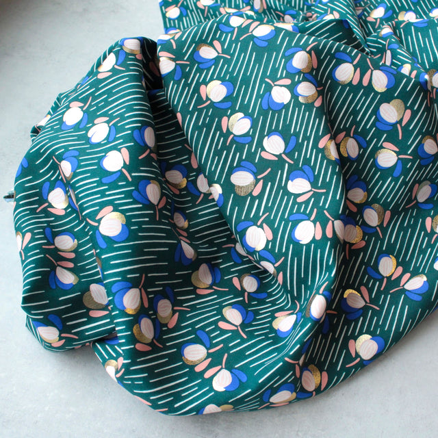 Viscose Foil - Petrol Petals