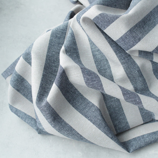 Yarn Dyed Linen + Viscose Blend - Navy Taupe Stripe