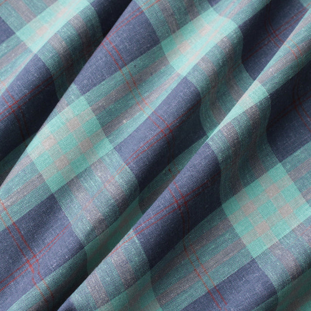 Yarn Dyed Linen + Viscose Blend - Navy Green Checks