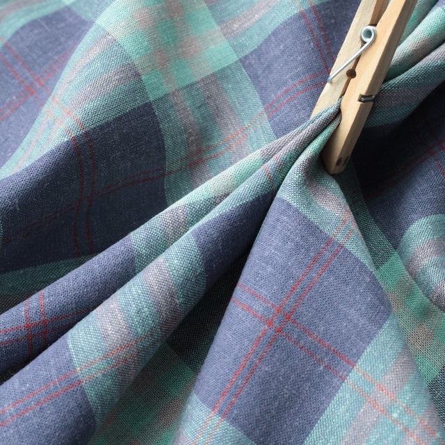 Yarn Dyed Linen + Viscose Blend - Navy Green Checks