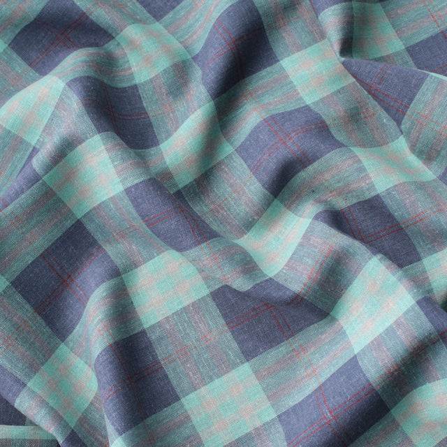 Yarn Dyed Linen + Viscose Blend - Navy Green Checks