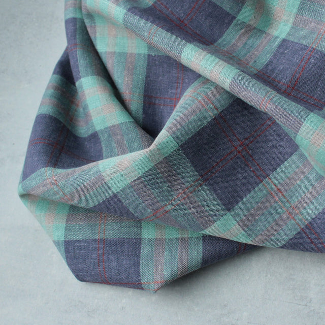 Yarn Dyed Linen + Viscose Blend - Navy Green Checks