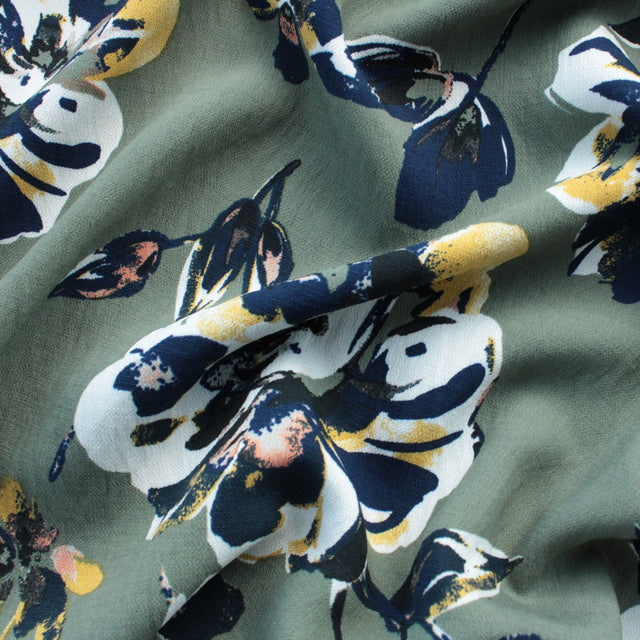 Viscose Crepe - Khaki Blooms