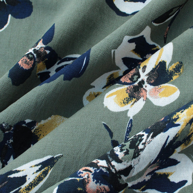 Viscose Crepe - Khaki Blooms